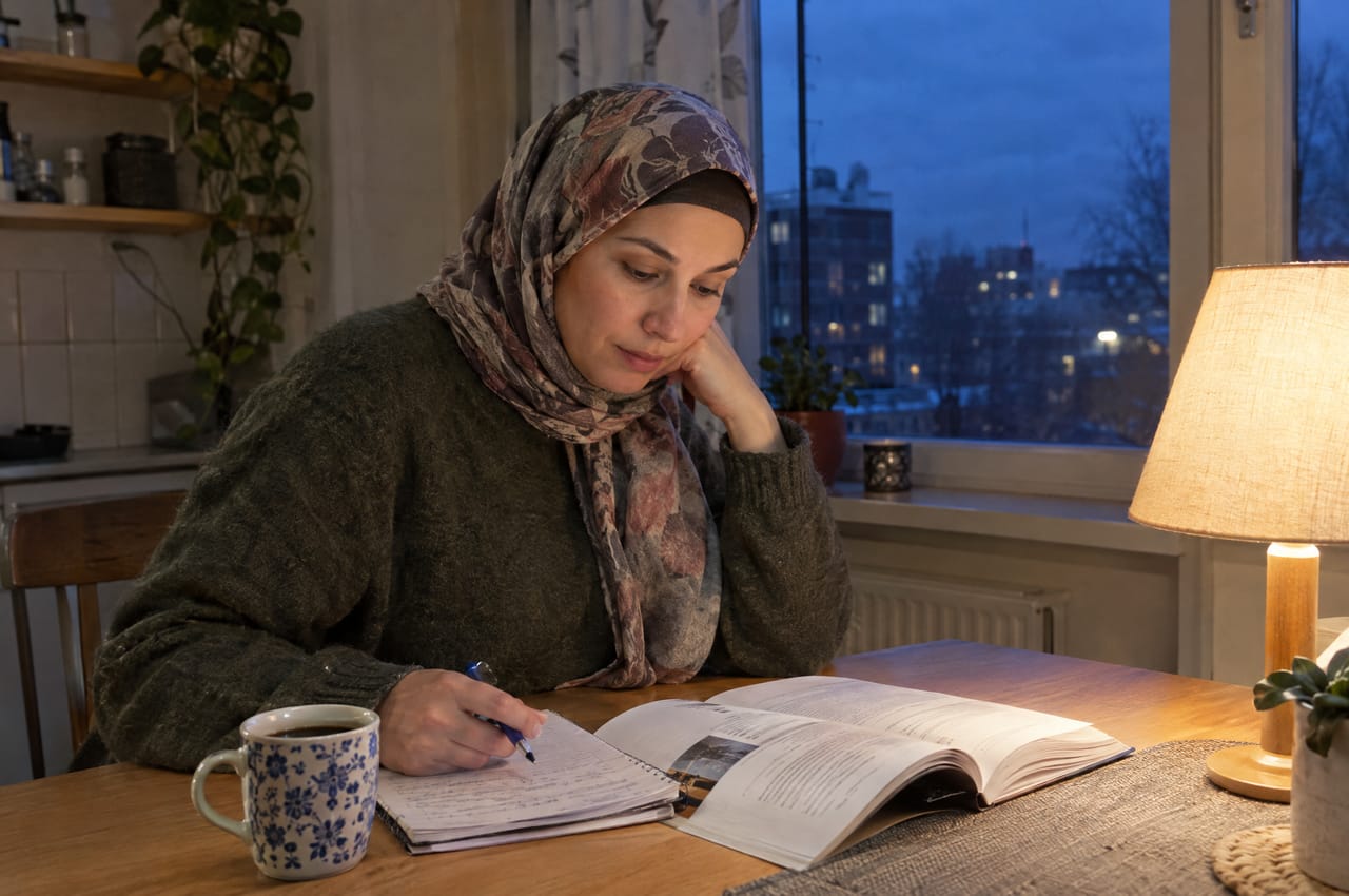 Nainen opiskelee keittiön pöydän ääressä illalla