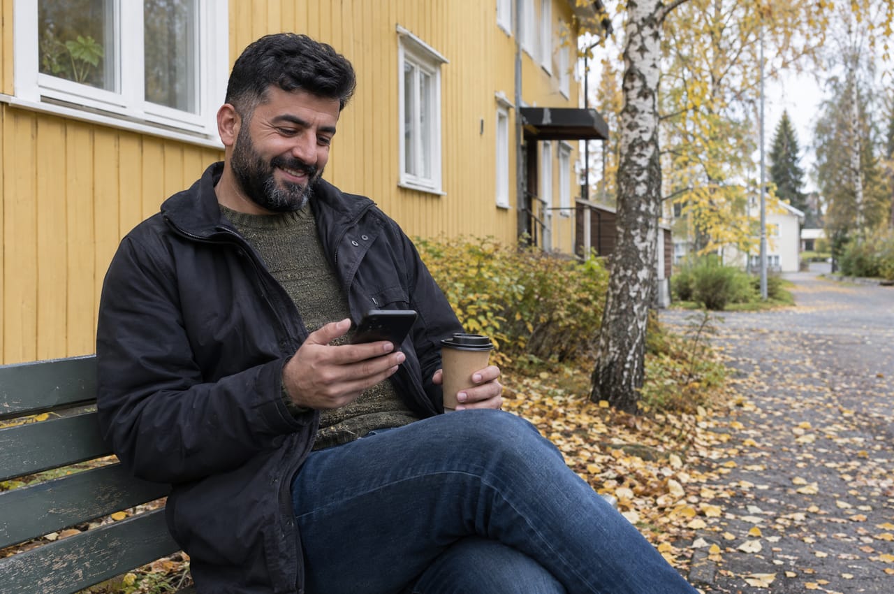Mies lukee puhelintaan penkillä talonsa edessä